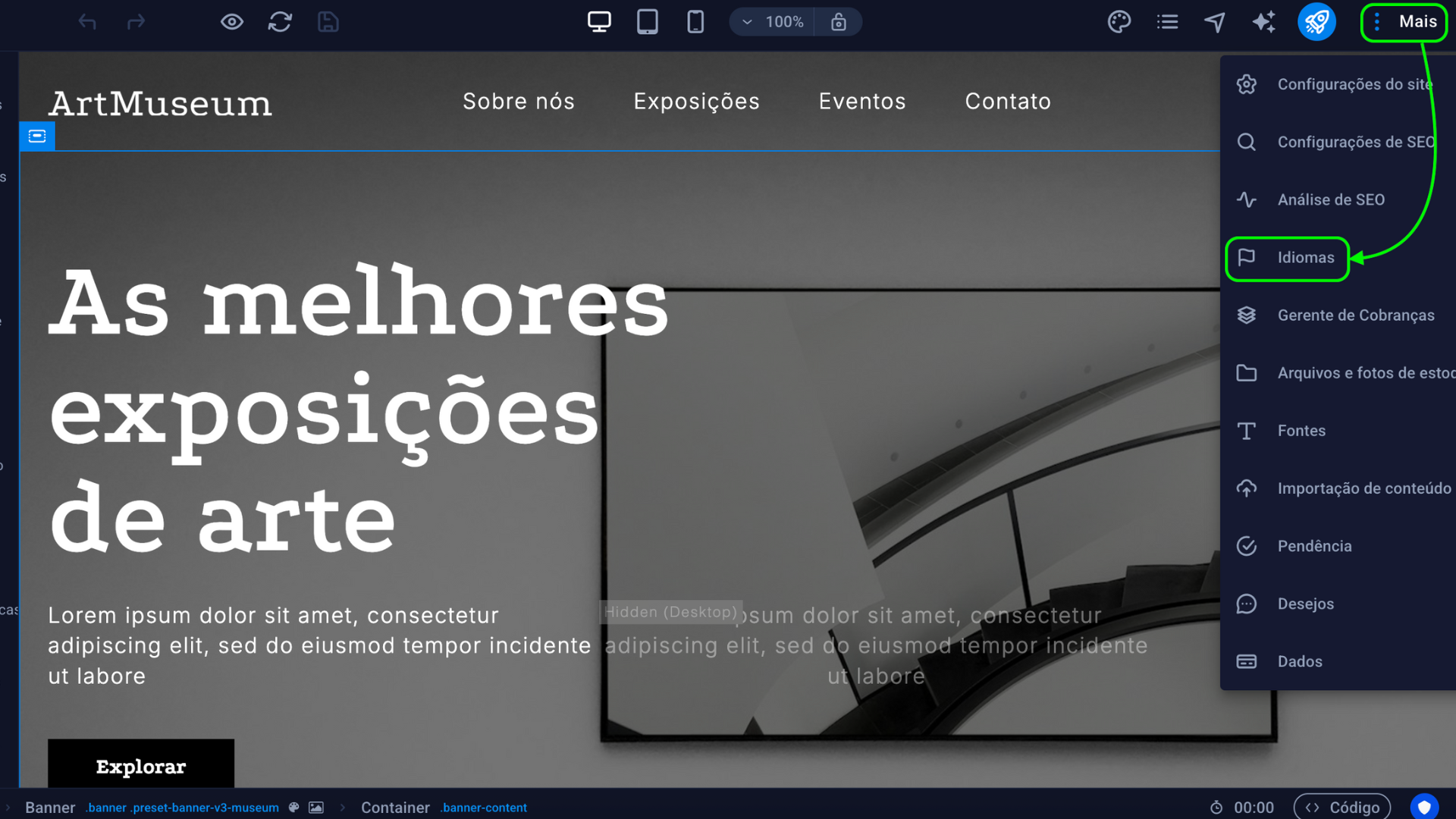 Representação da localização da opção "Idiomas"