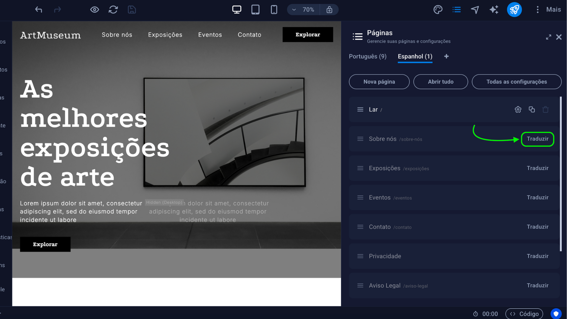 Representação da localização do botão "Traduzir"