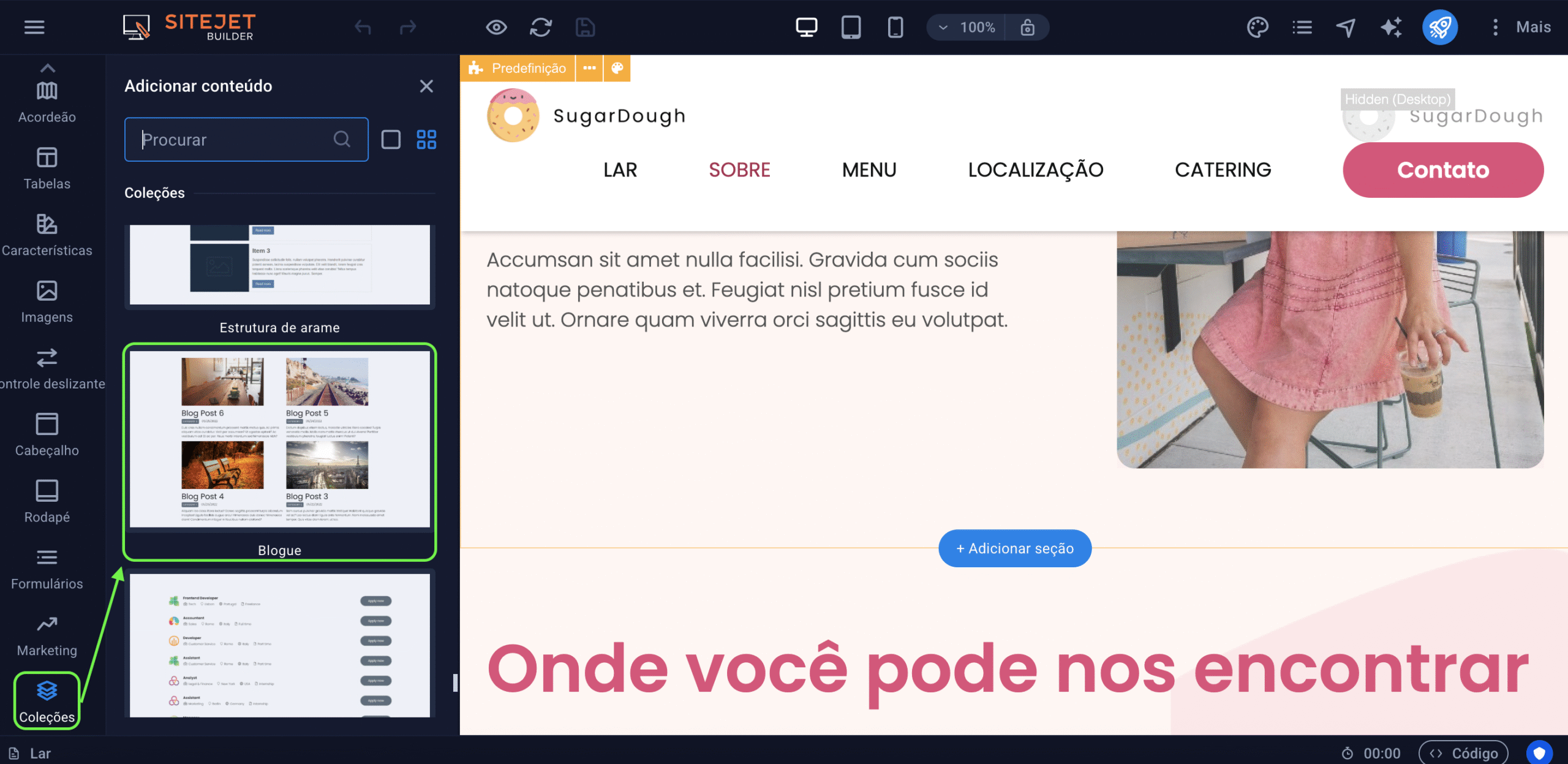 Representação da localização da opção "Coleções"