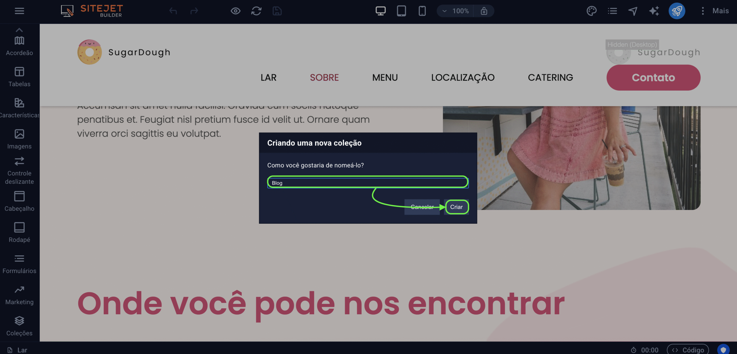 Representação da localização do campo "nome da coleção" e da opção "Criar"