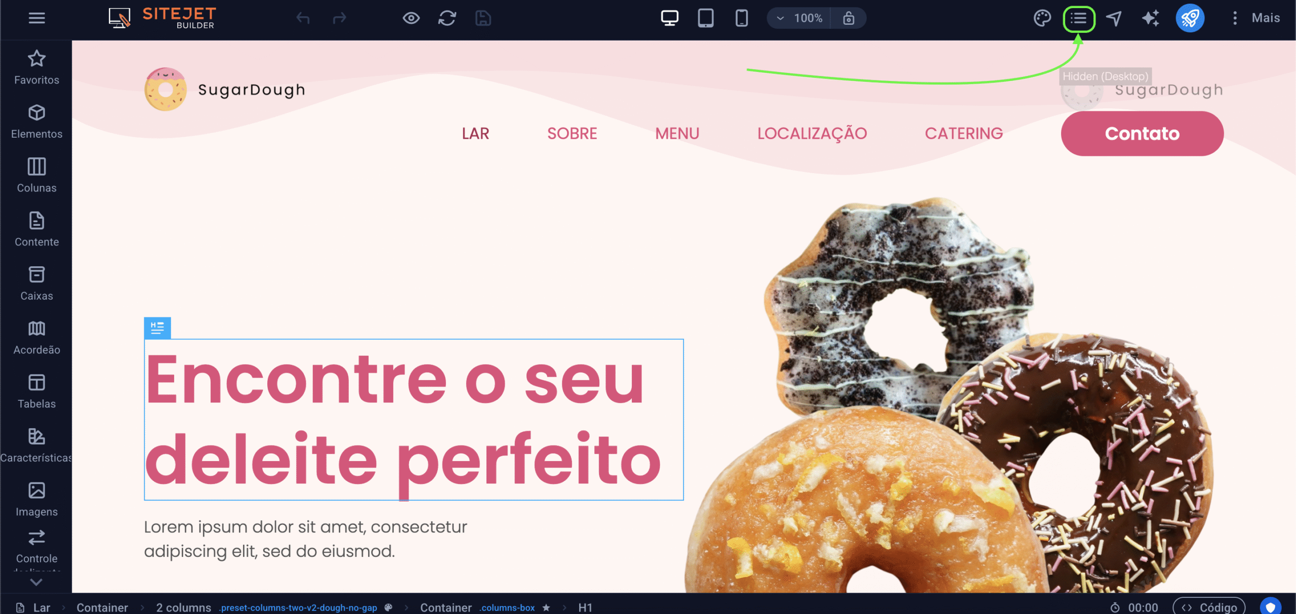 Representação da localização da opção "Páginas"