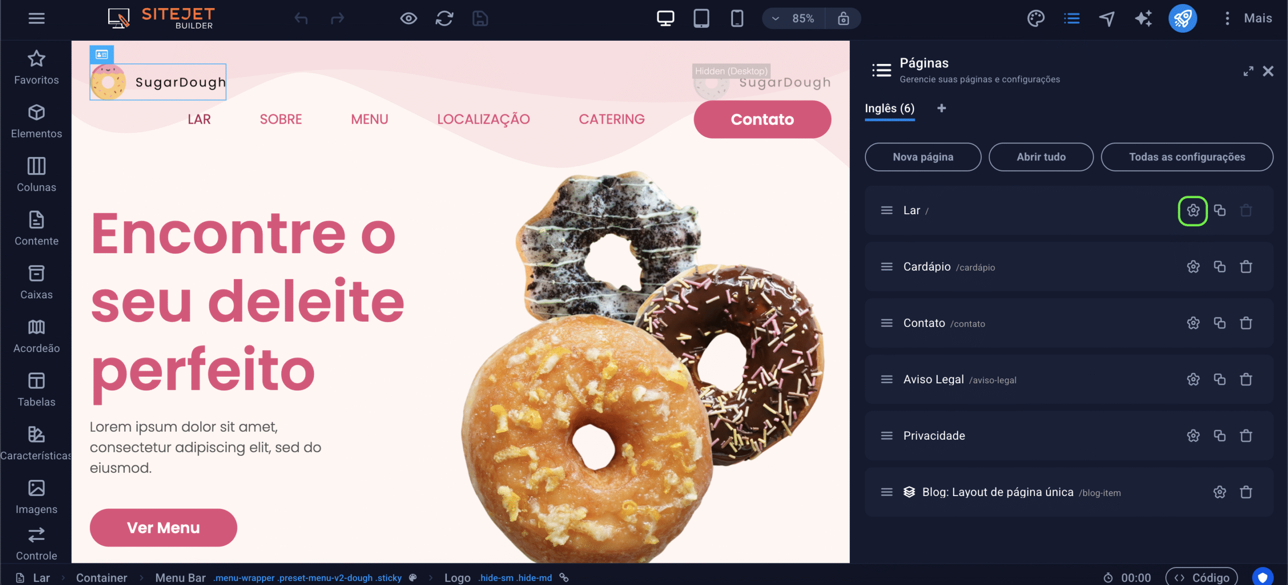 Representação da localização da opção de configurações da página