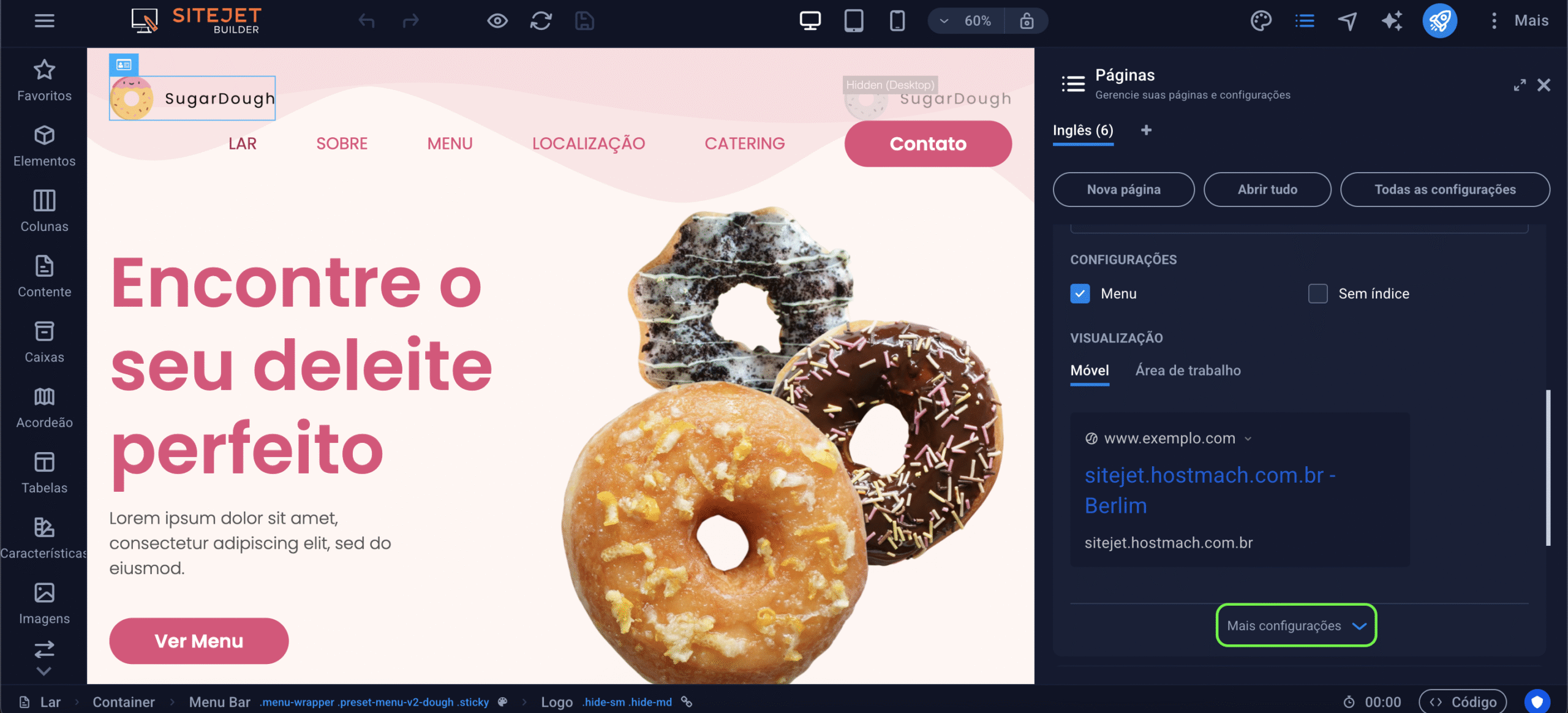 Representação da localização da opção "Mais configurações"
