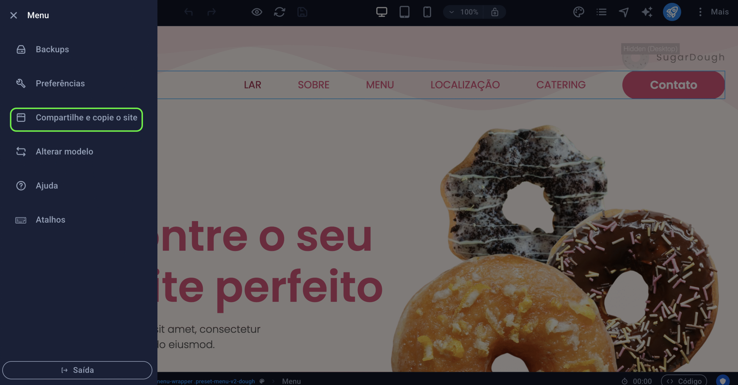 Representação da localização da opção "Compartilhe e copie o site"