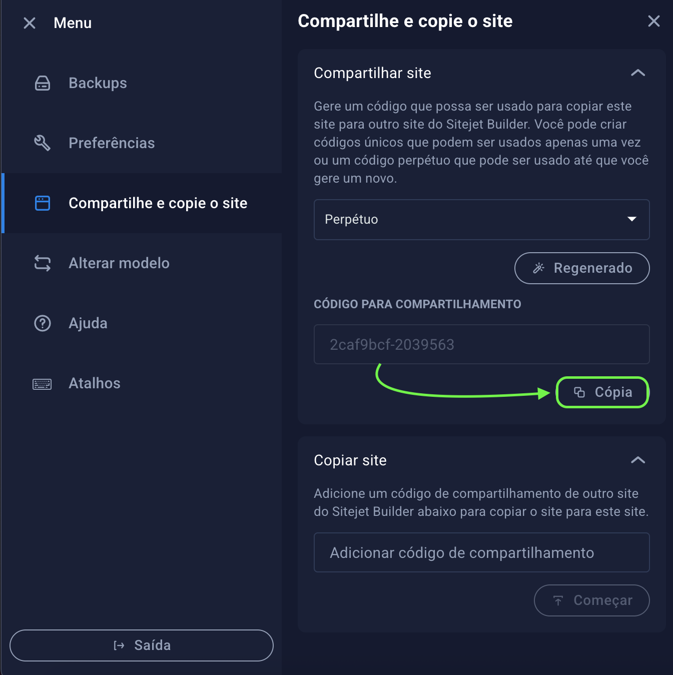 Representação da localização da opção "Cópia"