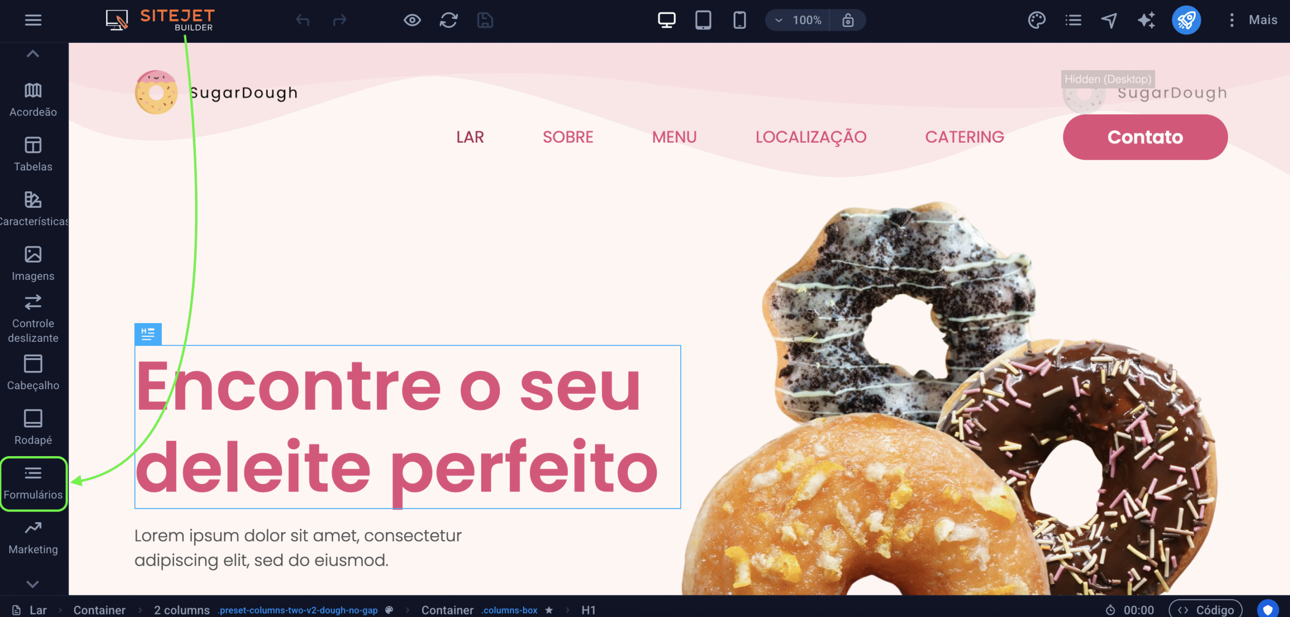Representação da localização da opção "Formulários"