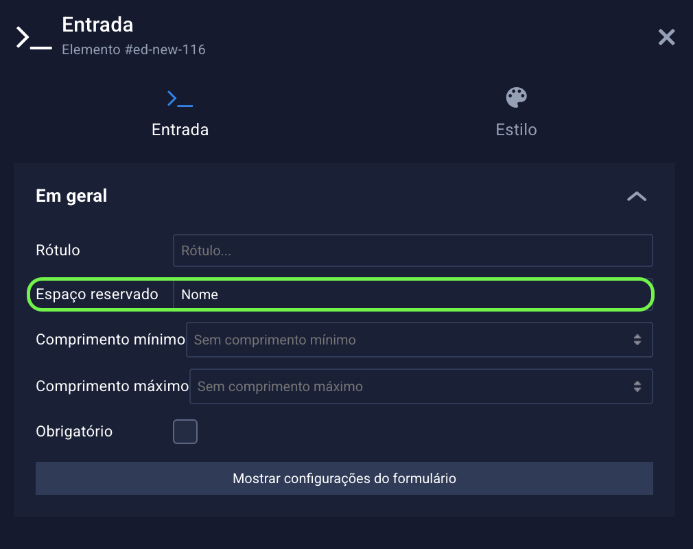 Representação do campo "Espaço reservado"