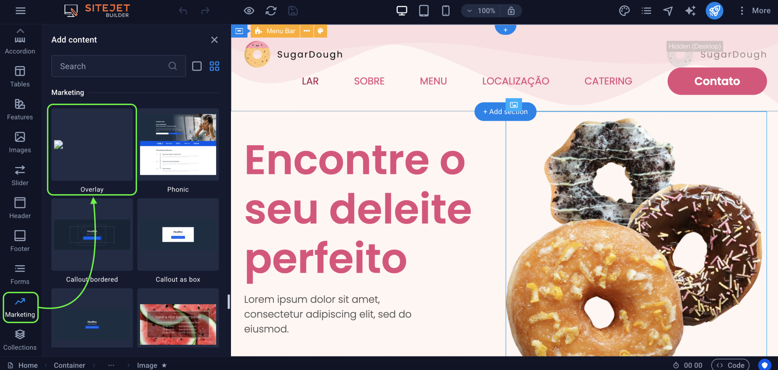 Representação da localização da opção "Overlay"