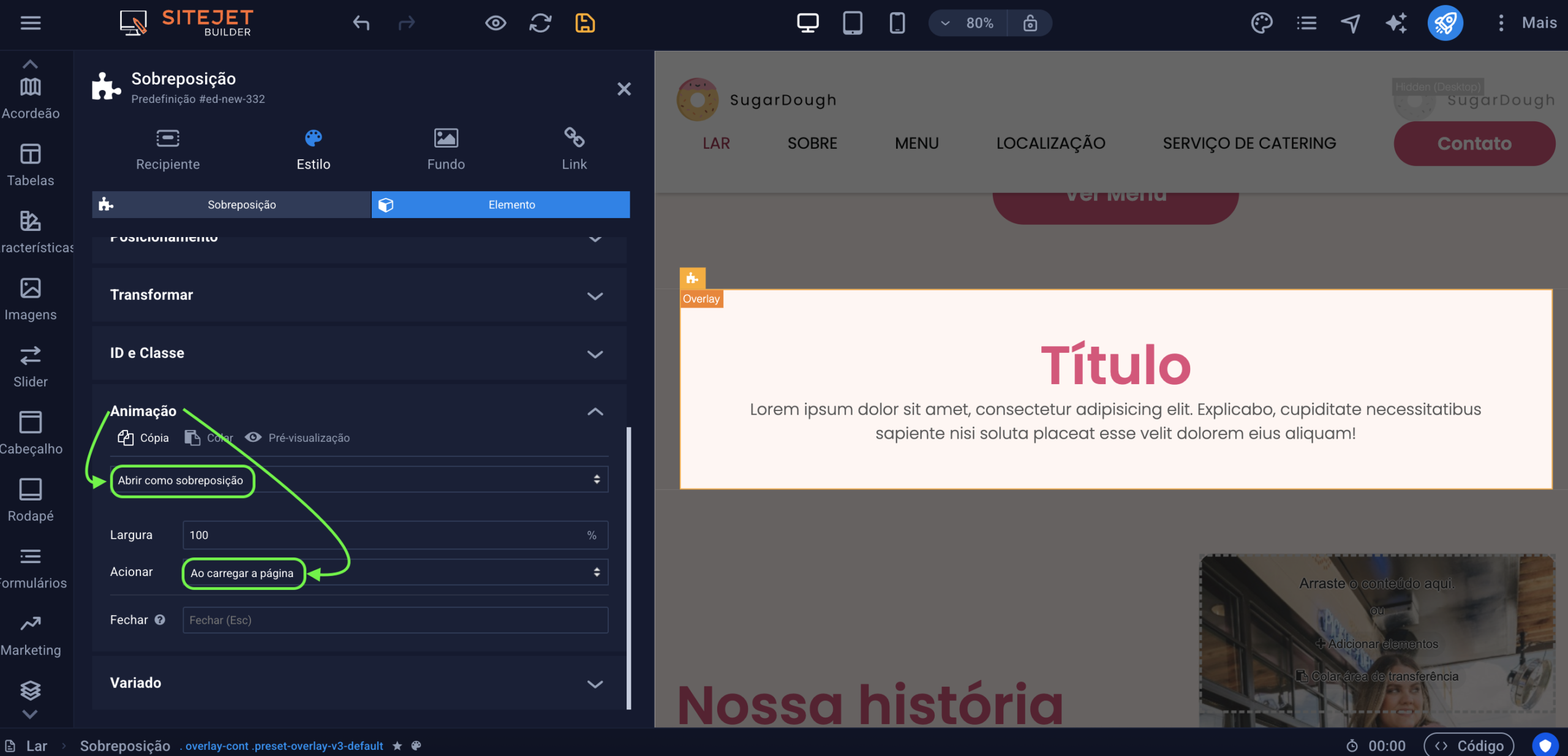 Representações das configurações na aba Elemento